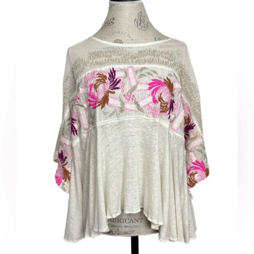 Free People Oversized Embroidered Tee Small Bohemian